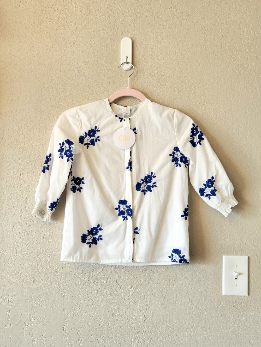 New White Button-down Blouse with Blue Floral Embroidery